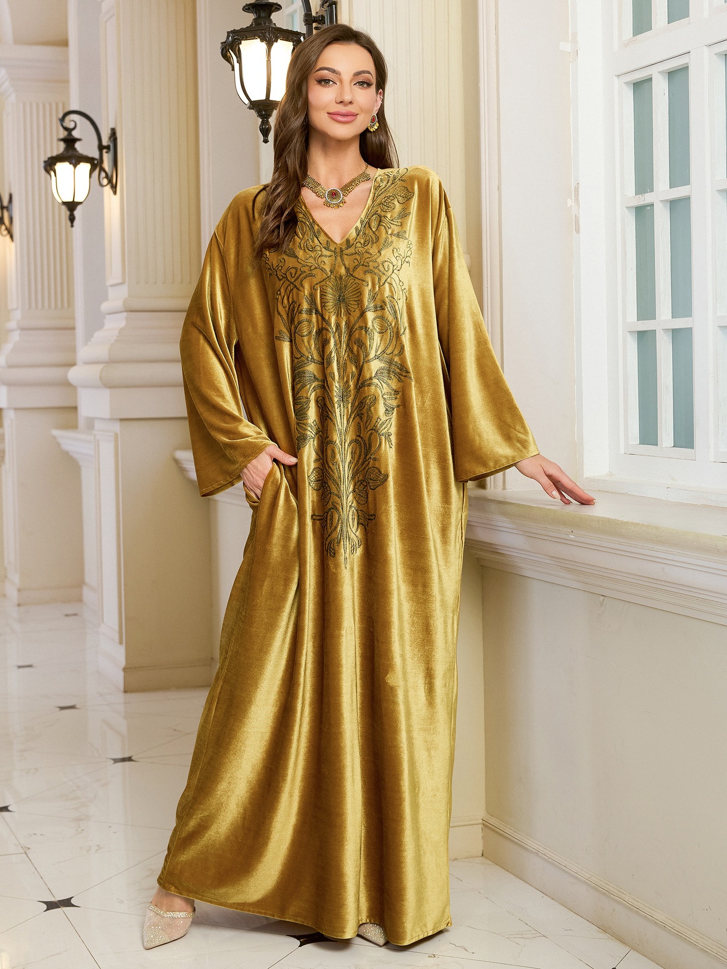 Elegant Embroidered Kaftan Dress Beach Bathing Suit Cover up Long Maxi Dress